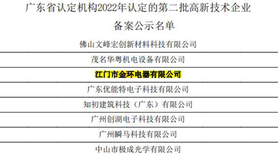 好消息！金環(huán)電器再次通過(guò)國家級“高新技術(shù)企業(yè)”認定